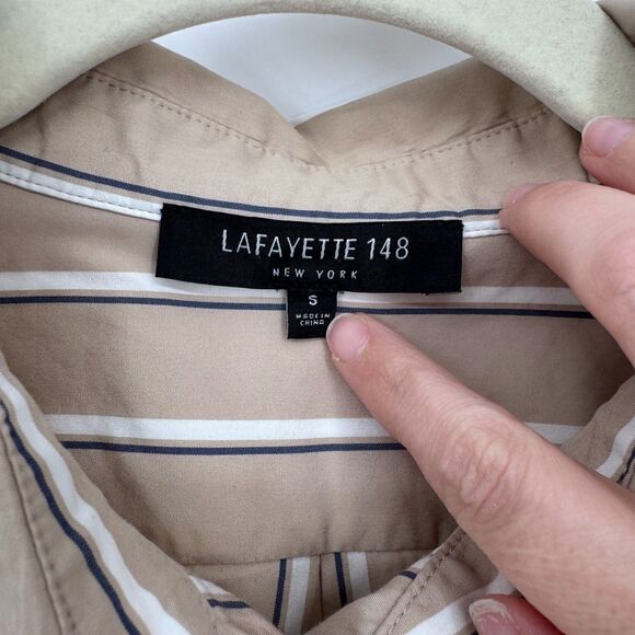 Lafayette 148 New York Striped Button Down Shirt Taupe Neutral Workwear Small - Picture 3 of 10